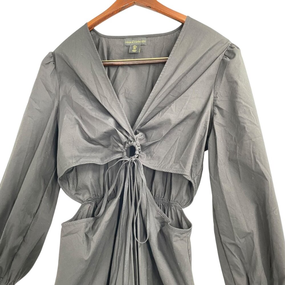 House of Harlow 1960 Black O-Ring Cutout Dress Womens Large LBD Puff Sleeves - Picture 2 of 8